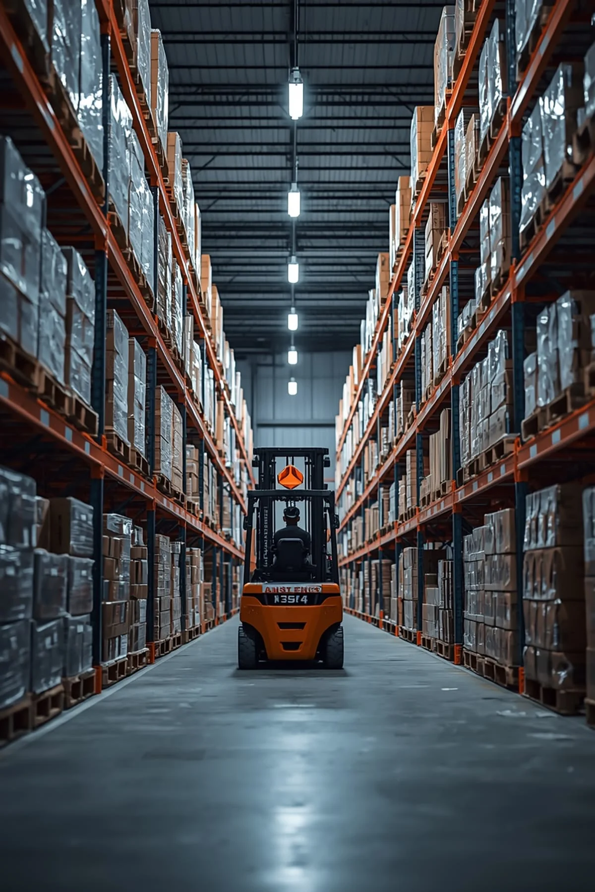 Warehouse aisles with organised pallets and shelving